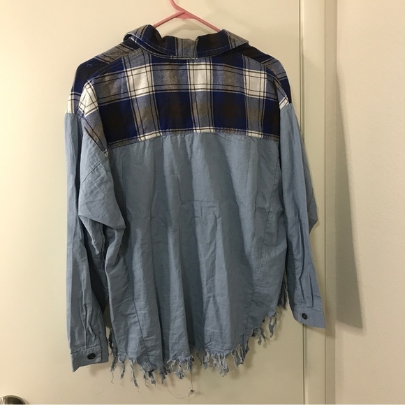 *New* Cato blue plaid flannel long sleeve button down with fray hem edge small - Picture 2 of 9